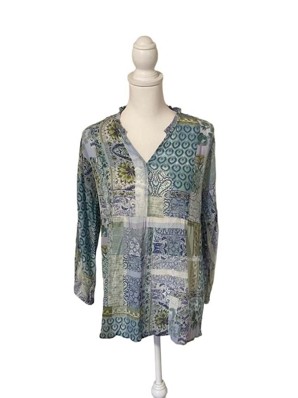 J.Jill Womens Blue Green Floral Patchwork Rayon Long Sleeve Top,  XS
